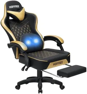 HOFFREE Gaming Chair with Massage Lumbar Support Leather High Back Ergonomic Computer Gaming Chair Adjustable Swivel Game Chair with Footrest Black and Gold