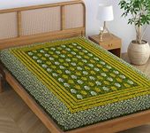 SheetKart Folk Floral 100% Pure Cotton Jaipuri Printed Bedsheet for Single Bed, Traditional Ethnic Bed Cover - Varsity Green