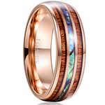 VAKKI Men's Rose Gold Promise Ring 8mm Dome Tungsten Carbide Band with Abalone Shell and Hawaiian Koa Wood Inlay Size O 1/2