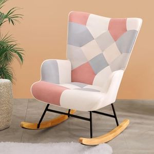 Tatub Rocking Chair Nursery, Upholstered Rocking Chair Indoor with High Backrest and Wooden Base, Modern Glider Chair for Nursery, Living Room, Bedroom, Office （Patchwork Linen Pink）