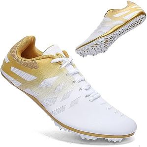 THESTRON Men Women Kids Track and Field Shoes Professional 8 Spikes Running Racing Sneakers Breathable Lightweight Sprinting Shoes (10.5,White Gold)