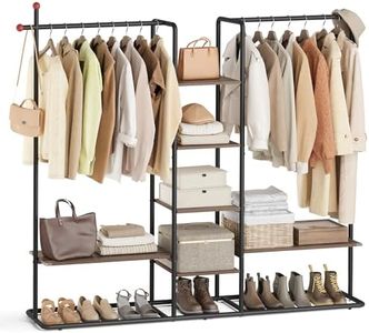 SONGMICS HOME Clothes Rack, Wardrobe, Freestanding Closet, Heavy-Duty Garment Rack, 6 Storage Shelves, 2 Hanging Rails, 64.4 x 13.3 x 69 Inches, Natural Walnut and Ink Black URGR012B01