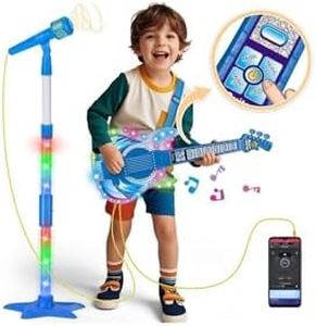 Kids Guitar and Microphone Set, Microphone with Stand and Color Light, Toy Guitar with Strap and Adjustable Volume, Toddler Musical Instrument for 5-9, Kids Karaoke Machine for Boy Girls (Blue)