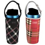 2 Pack Tumbler 30oz Carrier Holder Pouch, Bulckrew Water Bottle Holder Bag with Shoulder Strap, Fit for YETI, Rtic, Atlas, Ozark Trail Cups-Red&Black Grid