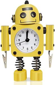 Betus Non Ticking Robot Alarm Clock - Stainless Metal - Wake-up Clock with Flashing Eye Lights and Hand Clip (Yellow)