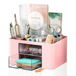 Pencil Pen Holder for Desk,2 Drawer Desk Organizers,5 Compartments Desktop Storage Stationery Supplies Organizer, Cute Pencil Cup Pot For Office, School, Home(Pink)