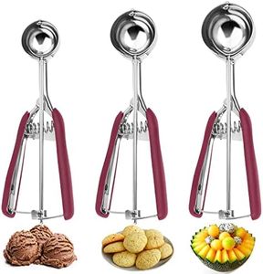 Ice Cream Scoop,Cookie Scoop Set of 3,Durable and Effortless Rubber Grips Design,Professional Stainless Steel Ice Cream Scooper with Trigger,Scoops for Ice Cream,Melon Baller and Baking
