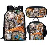 Showudesigns Kids Backpack with Lunch Box Boys Rucksack Tiger Print School Bag 3 Pieces Set Children Bookbag/Lunch Bag Packed/Pencil Case Stationery