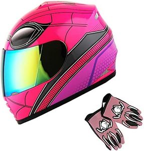 1Storm Youth Kids Motorcycle Full Face Helmet Street Bike BMX MX Spider Pink + MG Youth Glove Bundle