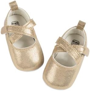 CENCIRILY Infant Baby Girls Mary Jane Flats Non Slip Soft Sole Prewalker Princess Wedding Dress Shoes, A2/Gold, 12-18 Months Toddler