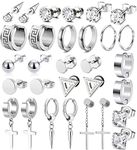 15 Pairs Earrings for Men, Stainless Steel Earrings Stud Kit for Men Women Fashion Piercing Jewelry Cross Dangle Hoop Earrings Set, Stainless Steel, Cubic Zirconia