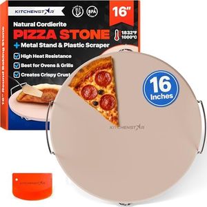 KitchenStar Pizza Stone 16 inch with Handles (Large) - Cordierite Baking Stone Set with Metal Rack & Plastic Scraper - High Temperature Resistant Ceramic Pizza Stones for Oven, Grill or Smoker