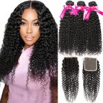 Kinky Curly Human Hair Bundles with Closure Grade 10A Virgin Unprocessed Brazilian Curly Hair 3 Bundles with Closure Free Part(16 18 20 with 14" closure)