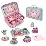 SOKA Unicorn Metal Tin Teapot Set with Carry Case Toy for Kids - 18 Pcs Illustrated Colourful Design Toy Tea Party Set Pretend Role Play for Kids Children Boys Girls