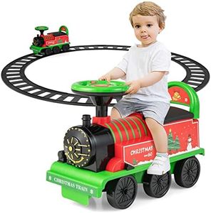 OLAKIDS Kids Ride On Train with Track, 6V Electric Toy with Lights and Sounds, Retractable Footrest, Under Seat Storage, Christmas Theme Battery Powered Gift for Toddlers Boys Girls (Green)