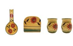 ACK Tuscany Country Sunflower Hand Painted Ceramic 4PCs Table/Stove Top Set,Pepper/Salt Shakers,Napkin Holder and Spoon Rest,Kitchen Décor