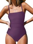 CUPSHE Women Swimsuit One Piece Bathing Suit Square Neck Cutout Back Tummy Control with Adjustable Spaghetti Straps, Grape Purple, Large