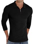 Askdeer Men's Polo Shirts Long Sleeve Zipper Polo Shirt Slim Fit Casual T Shirt Stretch Ribbed Golf Shirt Black