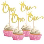 ZHUOWEISM 24 PCS One Cupcake Toppers Glitter Crown First Birthday Cupcake Picks for Baby Shower Theme Kids Boys Girls Birthday Anniversary Party Cake Decortaions Supplies Gold