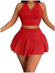 SOLY HUX Women's Summer 2 Piece Outfits Half Zip Crop Tank Tops and Mini Pleated Skirt Set Pure Red Medium