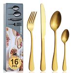 Cutlery Set, BEWOS 16-Piece Stainless Steel Matt Gold Flatware Set, Tableware Silverware Set with Spoon Knife and Fork Set, Service for 4, Dishwasher Safe/Easy Clean