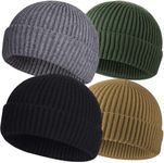 ROYBENS 4 Pack Wool Fisherman Beanies for Men, Knit Short Watch Cap Winter Warm Hats, 4pcs-black, Gray, Army Green, Light Coffee, One Size