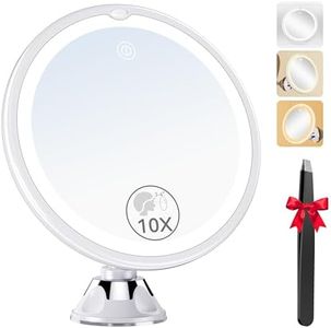 Auxmir Miroir Grossissant 10X Lumineux, Miroir Maquillage avec Ventouse sans Fil avec 3 Réglages D'éclairage LED, Rotation à 360°，Miroir Éclairé pour Salles de Bain et Voyage
