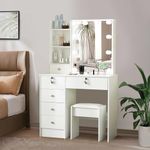 Vanity Desk with with Power Strip, Makeup Vanity Table with Lighted Mirror, Cute Dressing Table with Stoarge Drawers, 3 Lighting Color Adjustable for Women and Girls