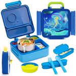 HAIXIN Bento Box for Kids - Insulated Lunch Box with Thermos for School, Leak-Proof Kids Lunch Box with Cutlery and Snack Boxes, 4 Adjustable Compartments Lunch Container for Daycare Outdoors, Blue