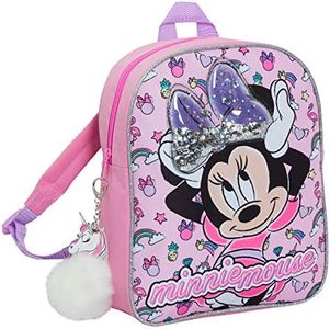 Disney Minnie Mouse Girls Backpack with Glitter Sequin Bow Kids School Toddler Nursery Lunch Bag Junior Rucksack Book Carry On with Unicorn Pom, Pink, One Size, Backpack