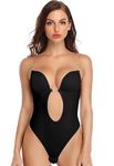 SHAPERIN Women's Backless Body Shaper Bra U Plunge Low Back Thong Shapewear Seamless Deep V Full Body Bodysuit (Large,Black)