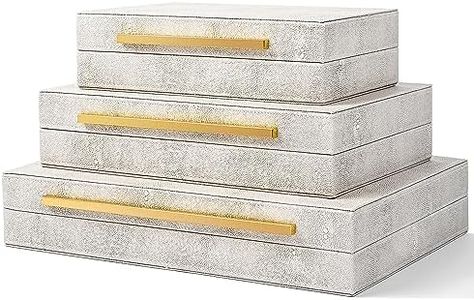 XINSTAR Faux Ivory Shagreen Leather Decorative Boxes,Decorative Storage Boxes With Lids 3 Pcs Set,Storage Boxes Jewelry Organizer,Women'S Accessory Organizer Men'S Jewelry Organizer (Ivory)
