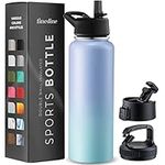 FineDine Triple Walled, Insulated Water Bottles with Straw - 40 Oz Stainless Steel Metal Bottle W/ 3 Leak Proof Lids - For Travel, School, Sports, Gym/Men, Women & Kids - Powder Steel Blue