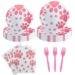 JMOCD 50 Pieces Dog Paw Prints Party Supplies Set,Pink Dog Paw Prints Tableware Set Include Plates ,Forks and Luncheon Napkins for Dalmatian Dogs Animal Puppy Paws Print Birthday Party Decorations.