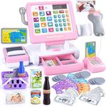 PLAY Kids Cash Register Toy - Pretend Play Calculator Register Toys with Microphone/Conveyors/Play Money/Scanner/Credit Card/Cans/Drink, 3+ Toddler Develops Early Math Skills Learning Toys