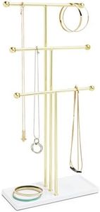 Umbra 299330-524-REM Trigem Hanging Organizer – 3 Tier Table Top Necklace Holder, Box Display with Jewelry Tray Base, Brass Accessory Organization, White