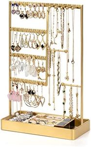 PiQi-Grecge Jewelry Organizer, 4-Tier Earring Holder Organizer with Metal Tray, Jewelry Holder Stand for Necklaces Stud Earrings Bracelets and Rings, Earring Organizer (Gold)