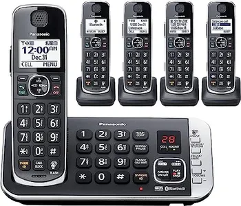 Panasonic Link2Cell Bluetooth DECT 6.0 Expandable Cordless Phone System with Answering Machine and Enhanced Noise Reduction - 5 Handsets - KX-TGE675B (Black)