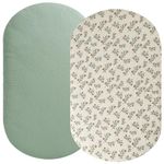 Muslin Bassinet Sheet Compatible with Munchkin, Graco Pack n Play Day2Dream Bassinet,Nordmiex Travel Portable Bassinet, 2 Pack Cotton Fitted Bassinet Sheets for Baby Roman Green & Botanical Leaf