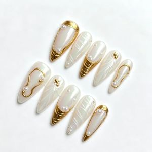 Luxury Handmade Press On Nails, Gold French Tip Long Almond Fake Nails for Women,Minimalist Metallic False Nails, Reusable Salon Quality Multilayer Gel Acrylic Fake Nails.S SIZE