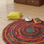 GRUHUM Round Cotton Area Rug 4ft Handwoven Natural Fiber Multicolour Farmhouse Cotton Rugs Soft Braided Rustic Vintage Indoor EcoFriendly Kitchen Bedroom Living Hallways Enterways (4'ft Circle)