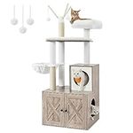 Feandrea WoodyWonders Cat Tree with Litter Box Enclosure, 2-in-1 Modern Cat Tower, Cat Condo with Scratching Post, Hammock, Pompom Sticks, Greige UPCT113G01