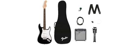 Squier by Fender Debut Collection Stratocaster Electric Guitar Pack. Includes Frontman 10G Amp, Gig Bag, Strap, Cable, Picks, Tuner, Stand, Extra Strings + 3 month Subscription to Fender Play