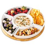 Home Harbour Rotating Serving Platter | 5-Section Divided White Ceramic Bowls on Bamboo Lazy Susan | Turntable Dip Set with Removable Dishes for Hosting, Sharing Snacks, Nacho, Taco Bar, and Parties