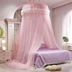 AIKASY Girls and Adults Canopy Bed, Elegant Double-Layer Bed Curtain, Children's Dream Round Lace Mosquito Net, Princess Canopy Net - Fits Twin, Full, Queen, and King Beds (White/Pink)