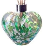 Amelia Art Glass Reed Diffuser Heart - Mint Green & White, Height 10.5cm, Width 11cm. Height with reeds 25cm