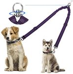 Kelivi Double Dog Lead Coupler, No Tangle 360°Swivel Rotation Two 2 Dog Lead Splitter, Heavy Duty Adjustable Bungee Reflective Dual Dog Leash for Walking Medium Large Dog (Purple)