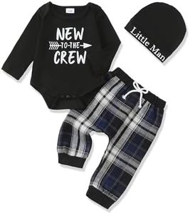 Renotemy Infant Baby Boy Clothes 12-18 Months Toddler Fall Winter Outfits Long Sleeve Letter Printed Round Neck Rompers Blue Elastic Waist Plaid Pants Hat 1 Year Old Boys Birthday Gift Clothing Set
