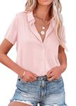 AISEW Womens Button Down Shirts Satin V Neck Casual Short Sleeve Blouses Office Work Tops (1221Pink, Medium)