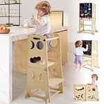 Toddler Kitchen Stool Helper, 4 in 1 Toddler Standing Tower Collapsible Kids Step Stool, Child Standing Tower for Toddlers 1-3 with Safety Rails